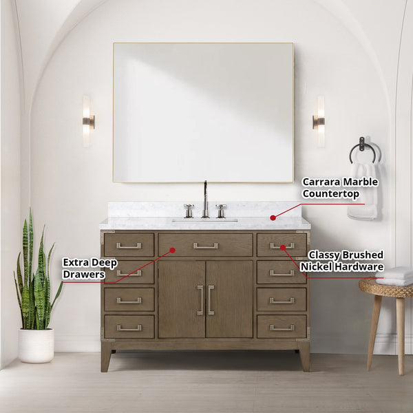 English Elm Grey Oak Single Bath Vanity with Carrara Marble Top, Chrome Faucet & 46" Mirror, Durable Wood Finish B2731S02020