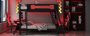 English Elm Full Size Gaming Bunk Bed with Dual Desks Usb Charging Ports and Pegboard Storage Red LT000274AAR