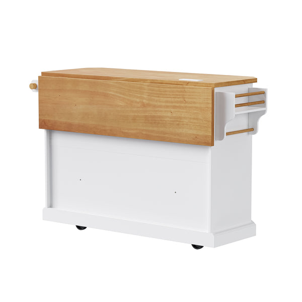 English Elm K&K 56-Inch Kitchen Island Cart with Embossed Vertical Stripe, Drop Leaf, Charging Station, Storage White N707P266184W