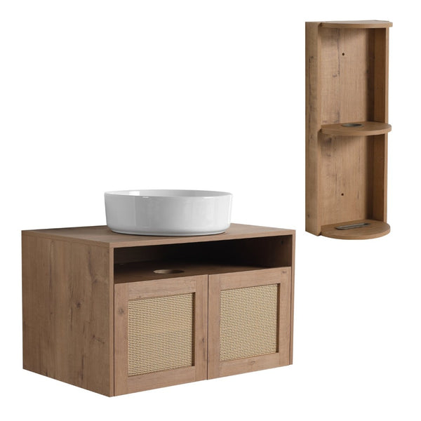 English Elm 30" Floating Bathroom Vanity Oak Finish Ceramic Vessel Sink Soft Close Plywood Cabinet W999S00501