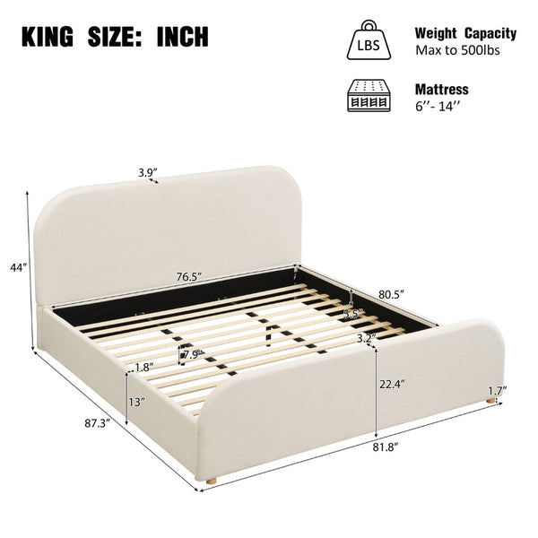 English Elm King Upholstered Bed Curved Linen Headboard Solid Wood Legs Transitional Bedroom N757K427673I