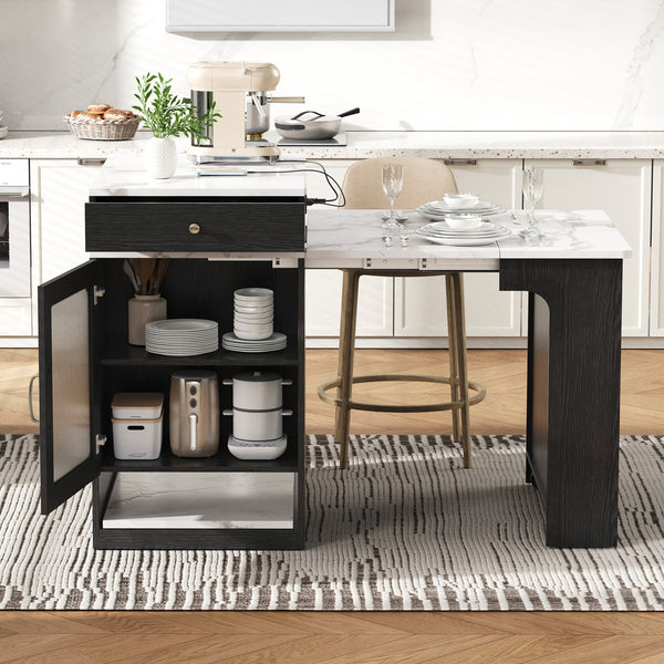 English Elm K&K Modern Extendable 59.5" Kitchen Island with Double-Sided Storage, Power Outlet & Casters Black N707S000017B