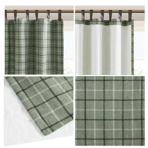 JLA Home Madison Park - Plaid Charcoal Fleece-Lined Tab Top Curtain Panel — Faux Leather Trim, Thermal Privacy, Machine-Washable Green MP40-8297