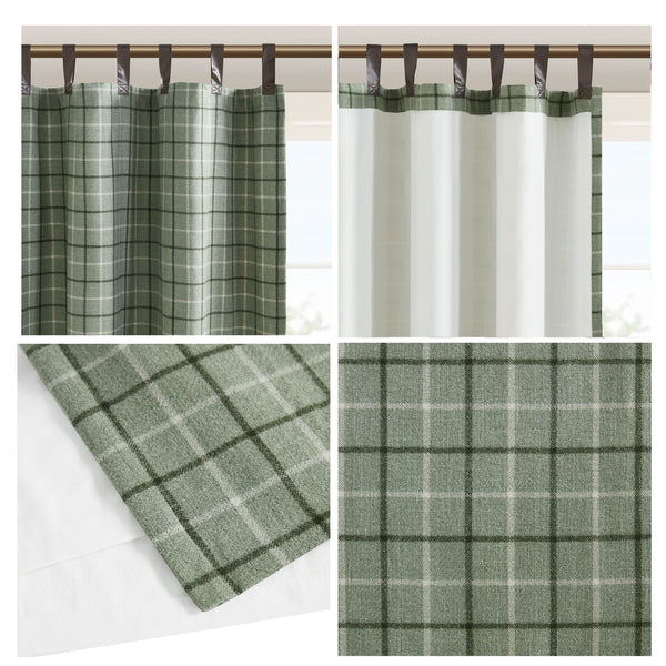 JLA Home Madison Park - Plaid Charcoal Fleece-Lined Tab Top Curtain Panel — Faux Leather Trim, Thermal Privacy, Machine-Washable Green MP40-8297