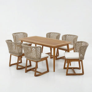 English Elm 7-piece Outdoor Acacia Wood Dining Set with Wicker Chairs Teak Finish Seats Six N773OD00136B