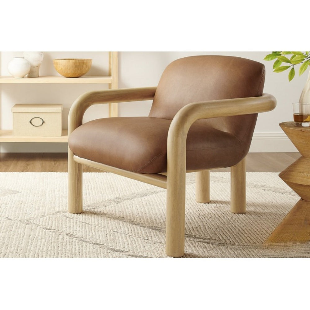 English Elm Modern Oak Framed Faux Leather Armchair Sculptural Accent Seat for Living Rooms Natural Wood B011P423334