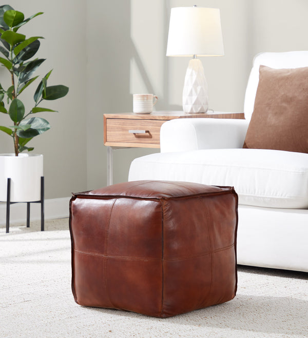 English Elm Cobbler Leather and Canvas Pouf Ottoman by LumiSource — Industrial Stitching, Recycled Cotton Fill, 20" Square Espresso B202P223720