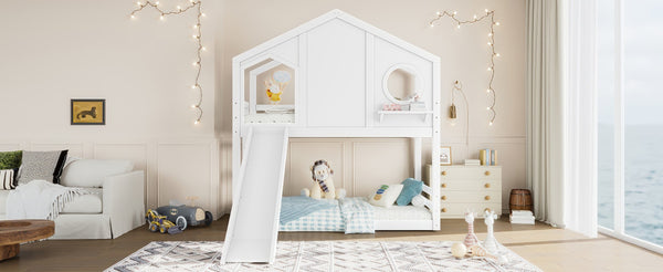 English Elm Full Bunk Bed with Trundle Bookshelf Storage Pine Frame Car Design for Kids Light White W1580S00464