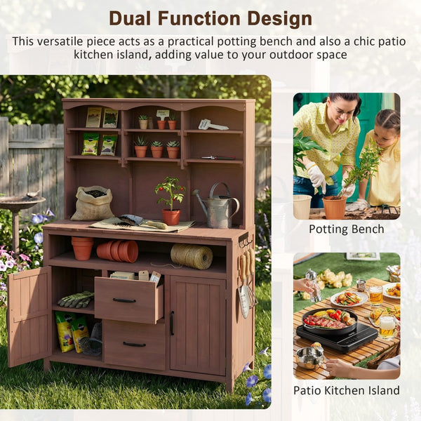 English Elm (with Hutch) Topmax Solid Fir Outdoor Potting Bench Station Cabinets Drawers Patio Garden Brown N717P404332D