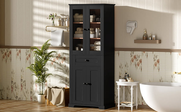 English Elm 67.2" Tall Bathroom Storage Cabinet with Tempered Glass Doors, Adjustable Shelves, Soft-Close Hinges and Anti-Tip Safety Black N729P310006B
