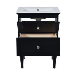 English Elm 24'' French-Style Bathroom Vanity with Ceramic Sink, Black Long Legs, 2 Drawers, Moisture-Resistant Elegance N710P195621B