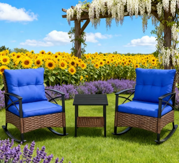 English Elm Patio Wicker Rocking Set with Tufted Cushions and Two Tier Table for Porch Garden T3971P419133