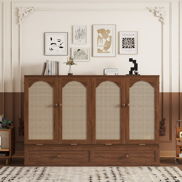 English Elm Queen Size Murphy Bed - Stylish Pine Wood Cabinet With Power Station & Rattan Panel For Space-Saving W504S00234-GIGA