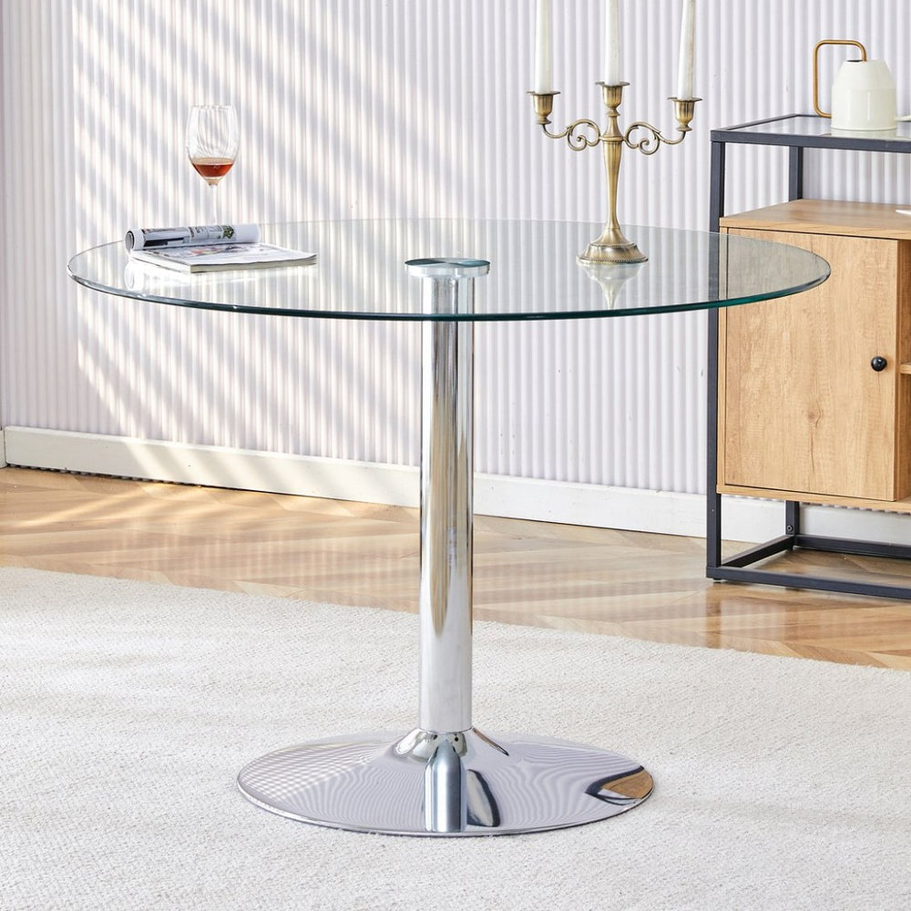 English Elm A Round Tempered Glass Dining Table with Silver Legs Seats Six in Modern Style W1151S03483