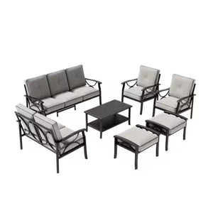 English Elm 7-piece Outdoor Sectional Set Steel Frame 9 Seat Patio Conversation with Cushioned Ottomans Grey+Black B082S00131