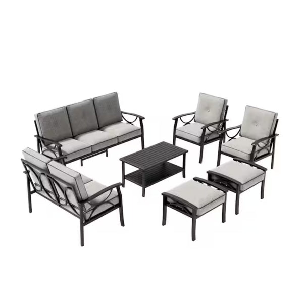 English Elm 7-piece Outdoor Sectional Set Steel Frame 9 Seat Patio Conversation with Cushioned Ottomans Grey+Black B082S00131