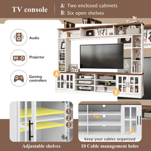 English Elm 95.5" Modern Farmhouse Wall Unit Mdf Bookshelf with Tempered Glass Cabinet Doors White SJ000161AAK
