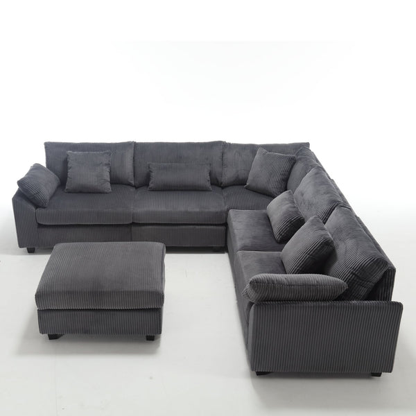 English Elm L L shape Sofa Set Ottoman Corduroy Fabric Sectional Modern Classic Design Oversized Comfort Gray W2325P186972