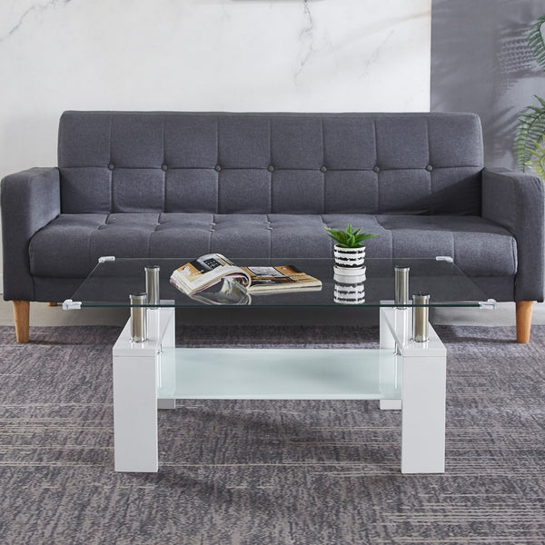 English Elm Artisan Center Coffee Table with Tempered Glass Tops, Stainless Legs, 2-Tier Drawers & Child Guards W1311P209825