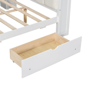 English Elm Wood Full Size Gaming Loft Bed with Integrated Desk, Shelves, LED Lighting & Hanging Clothes Rack Beige+White N7090001047K