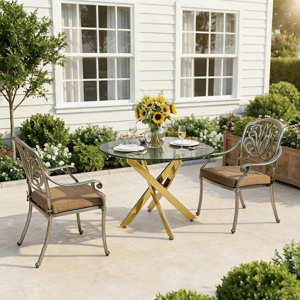 English Elm Modern Round Tempered Glass Dining Table with Glam Gold Iron Base for Compact Spaces Golden W3590S00009