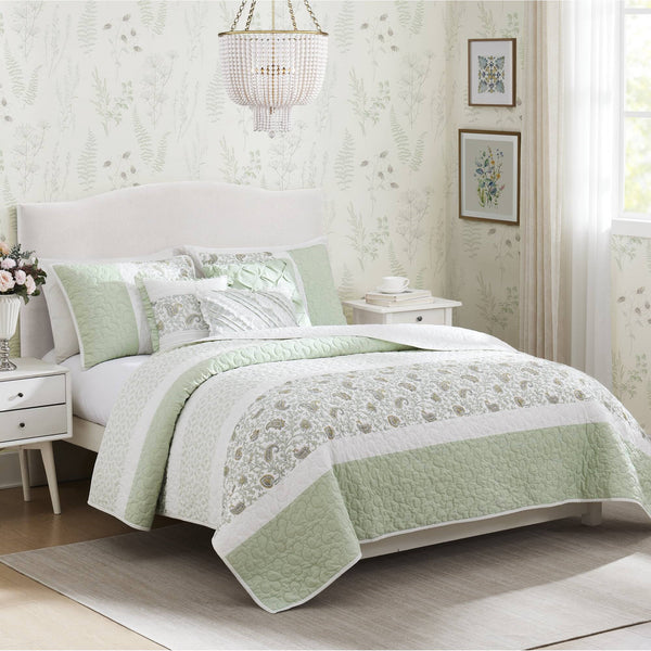 JLA Home Madison Park - 6 Cotton Percale Quilt Set with Floral Pintuck, Lace Taping and Three Throw Pillows for Cottage Chic Bedding 92 L x 104 W x 0.25H MP13-8602