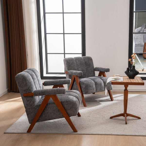 English Elm Mid-century Modern Chenille Lounge Chair Set Oak Frame Cloud Silhouette Living Room Gray W1170S00050