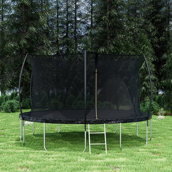 English Elm 14ft Trampoline with Curved Pole Enclosure Net Galvanized Frame and Safety Ladder W285P236466