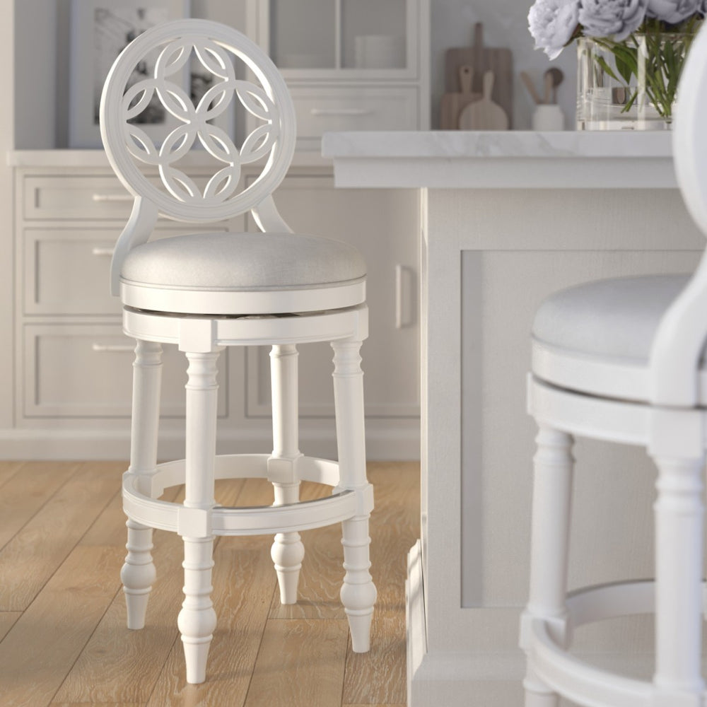 English Elm 26" Solid Wood Swivel Counterstool High Back Faux Leather Seat for Kitchen Island White B2751P436473