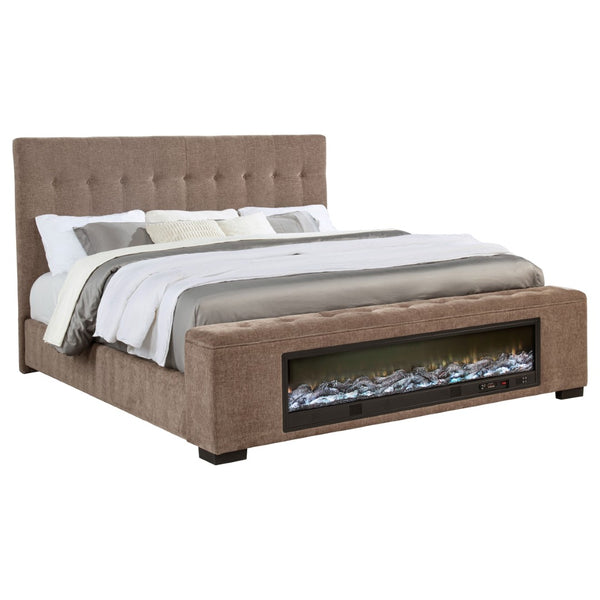 English Elm Crombie Tufted Brown Upholstered King Bed with Flame Visualizer and Bluetooth Speaker B062S01664
