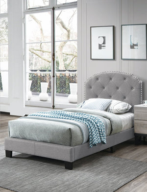 English Elm Light Gray Burlap Upholstered Twin Bed with Button Tufted Headboard and Nailhead Trim Light Gray B011P415177