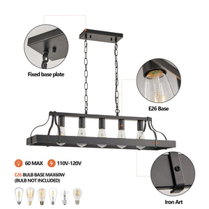 English Elm 34-Inch Industrial Pendant Light with 5 E26 Sockets, Adjustable Chain, Iron Linear Chandelier for Kitchen Matte Black W2312P374832