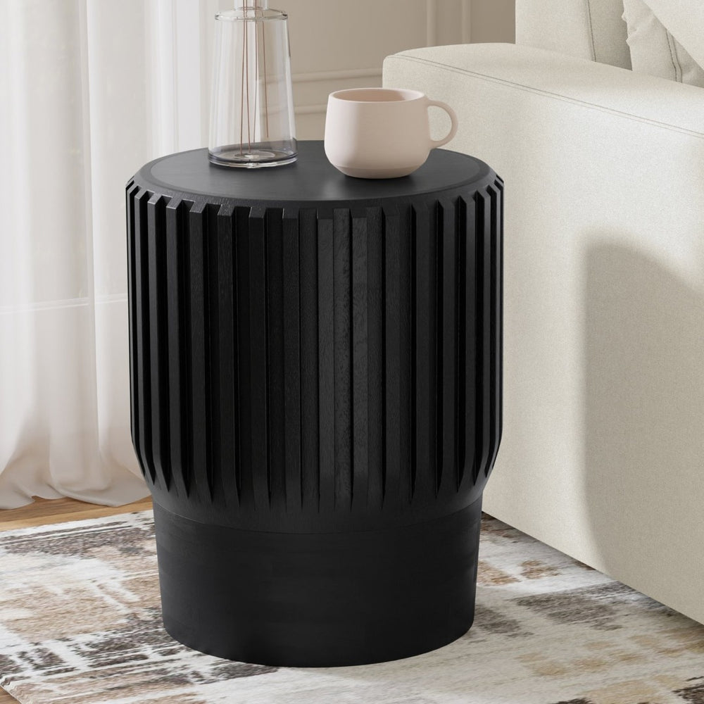 English Elm Lyall Fluted Mango Wood Round Side Table Black Stained Accent for Modern Interiors B136P419857