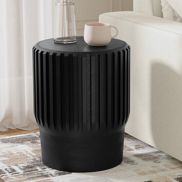 English Elm Lyall Fluted Mango Wood Round Side Table Black Stained Accent for Modern Interiors B136P419857