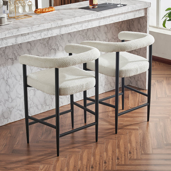 English Elm Modern Upholstered Bar Stools with Boucle Fabric and Armrests, Sturdy Metal Frame, Ergonomic Comfort White W1901P264274