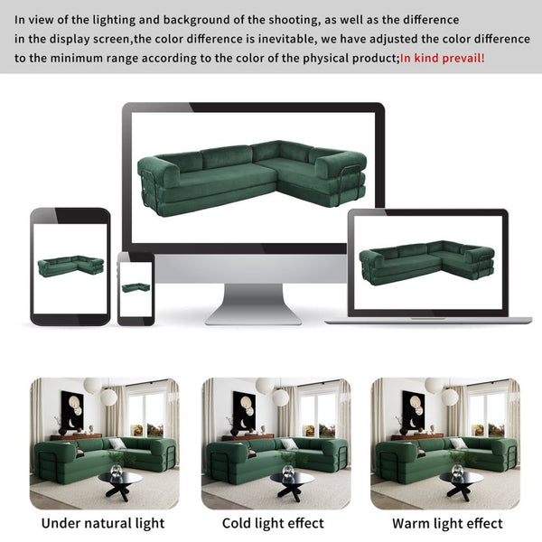 English Elm U_style Modular Corduroy Sectional Sofa Converts to Guest Bed for Apartment Living Green WY000463AAC