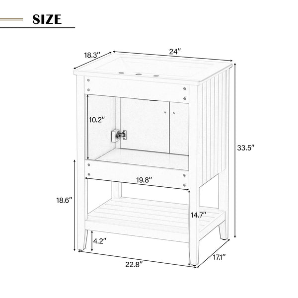 English Elm 24" Morandi White Bathroom Vanity with Ceramic Sink, Solid Wood Frame & Open Shelf, Modern Elegance N725P189823K