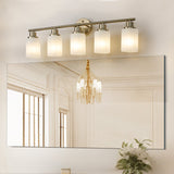 English Elm 5-Light Golden Bathroom Vanity Light Fixture, Frosted Glass Shades, Modern Wall Mounted Lighting (No Bulbs)