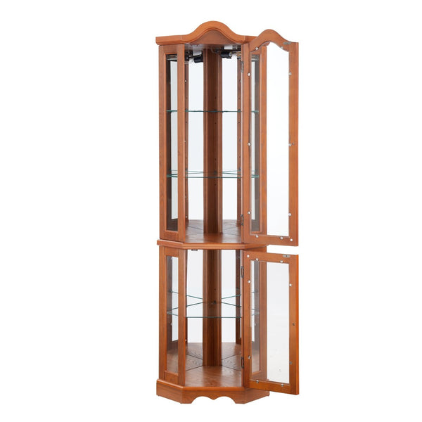 English Elm Curio Corner Cabinet Lighted Oak Display Case with Tempered Glass Shelves Crown Molding W2275P178902