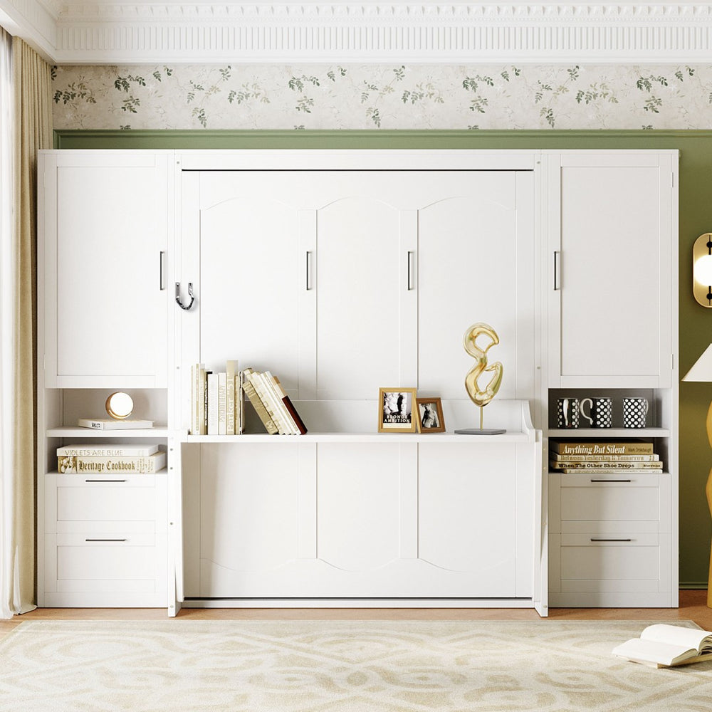 English Elm Queen Murphy Fold Down Wall Bed with Wardrobe Drawers and Shelves for Guest Rooms White LP000909AAK-2