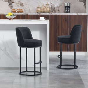 English Elm Counter Height Barstools Set of 2 Linen Upholstered Barrel Seat with Iron Legs Black W395P410438