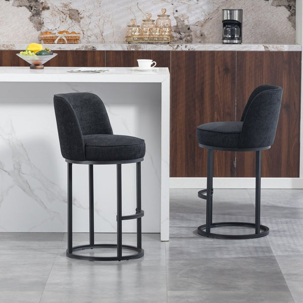 English Elm Counter Height Barstools Set of 2 Linen Upholstered Barrel Seat with Iron Legs Black W395P410438