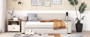 English Elm Twin Upholstery Daybed with Trundle, Storage Arms & USB Charging, Beige Linen, Durable Pine Frame SM000547AAA