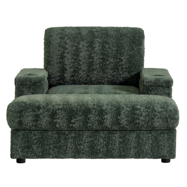 English Elm 42" Oversized Chaise Lounge with Plush Faux Rabbit Fur, Hidden Arm Storage, Cup Holder, Convertible Sleeper Green N723P232726F