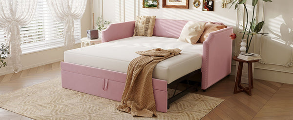 English Elm Twin Velvet Upholstered Daybed with Pop up Trundle for Guest or Kids Rooms Pink SF000197AAH