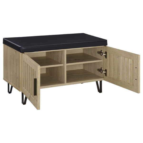 English Elm Astor Smoked Finish Entryway Bench with Drawer Open Shelving and Faux Leather Seat White Oak B062P440403