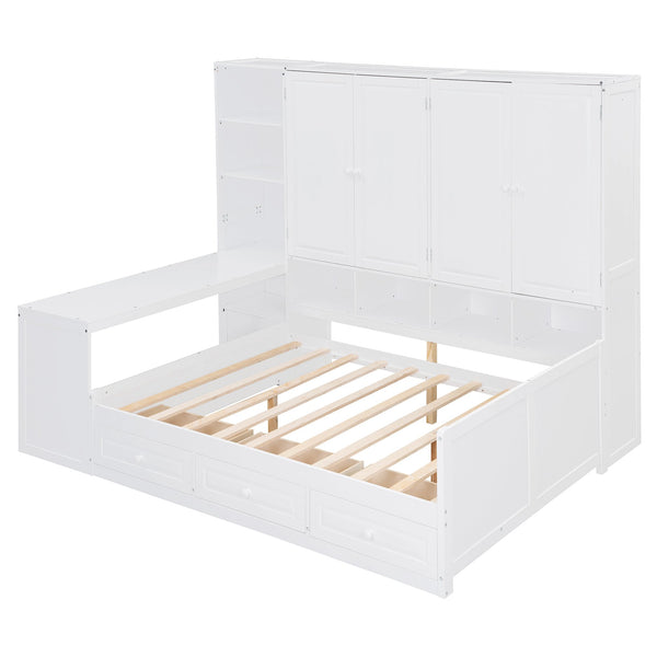 English Elm Full Size Wooden Daybed With Versatile Workspace, Three Storage Drawers, And Adjustable Shelves N820S00055K