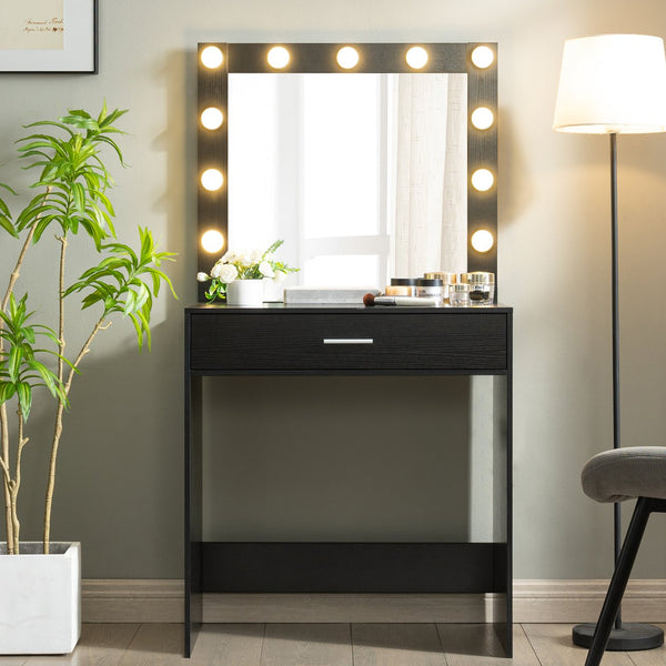 English Elm Vanity Elegant dressing table with LED mirror lights, large drawer, adjustable brightness & storage Black W2386P216224
