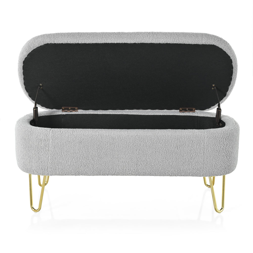 English Elm Christopher Knight Home® - Oval Grey Upholstered Storage Bench with Gold Metal Legs — Flip-Top Ottoman, Durable, Spacious Seat(storage) N769P195486G