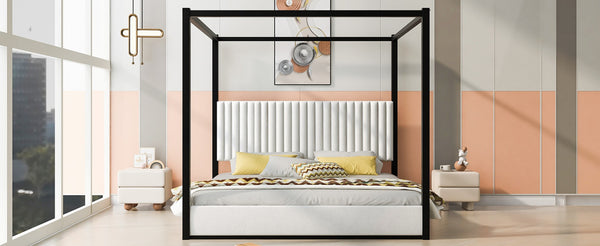 English Elm King Velvet Upholstered Four Poster Canopy Bed White Modern Bedroom Frame N7090002405B
